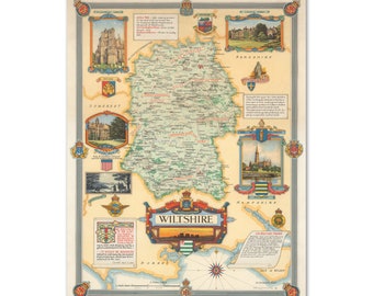 Old Wiltshire Map,  Antique English County Map of Wiltshire,