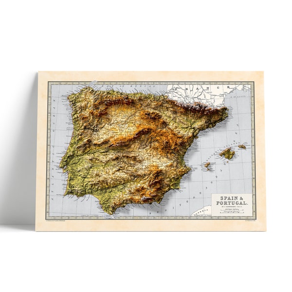 Kaart van Spanje en Portugal - Geologie Hoogtekaart - 2D Giclée Vintage Poster - 3D-effect gearceerde reliëfprint - Balearen - Ibiza