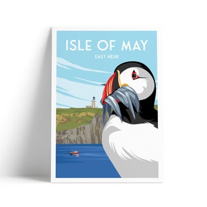 May include: A colourful illustration of a puffin with a beak full of fish, set against a backdrop of a lighthouse and cliffs. The text "Isle of May" and "East Neuk" are displayed at the top of the image.