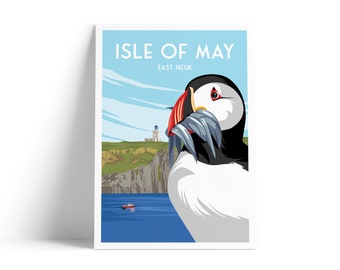 Isle of May Travel Poster - Puffin and Lighthouse | Firth of Forth | Vintage-Inspired Print