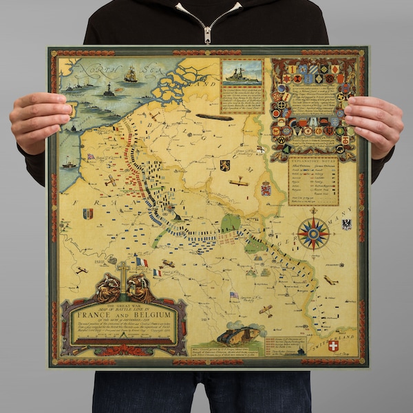 The Great War Map | Historic WW1 War Poster | Ernest Clegg | France | Belgium | Germany | Military History | Wall Art | Historic Maps