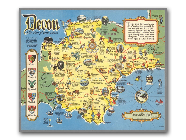 Devon Map, the Shire of Great Seamen | Pictorial Map of Devon, England ...