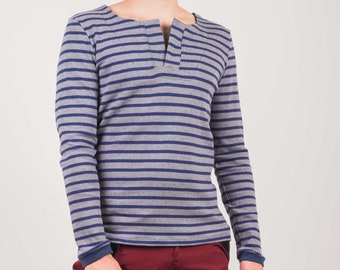 Longsleeve striped made of organic cotton, T-shirt long sleeve men, Henley shirt long sleeve organic jersey, long-sleeved shirt marine style, vegan, handmade