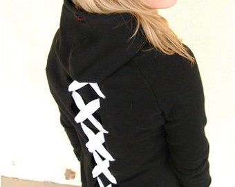 Hoodie sweat jacket with elegant lacing in the back, black zip jacket sweatshirt fabric for women, zip hoodie corset lacing // size 40