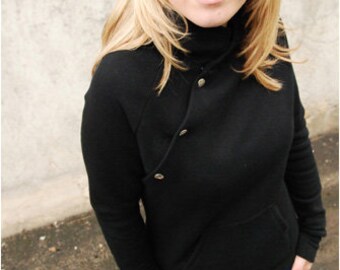 Hoodie with asymmetric button placket, black hoodie with buttons, hooded sweatshirt for women with diagonal snap fasteners // size 36