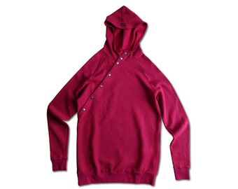 Hoodie with asymmetric button placket, hooded sweatshirt wine red with buttons, hooded sweatshirt for men snap fasteners vegan handmade // size L
