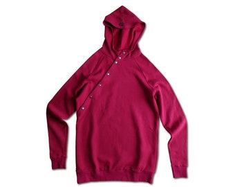 Hoodie met asymmetrische knoopsluiting, hoodie bordeauxrood met knopen, sweatshirt met capuchon voor mannen drukknopen veganistisch handgemaakt // Maat L