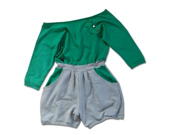 Jumpsuit green-gray with batwing sleeves, short overalls for women, sporty jumpsuit casual, playsuit spring women, romper women green // size 34