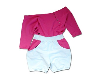 Jumpsuit pink-white with batwing sleeves, short overalls for women, sporty jumpsuit casual, playsuit spring women, romper women pink // size 38