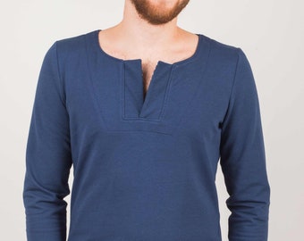 Longsleeve men dark blue, cotton shirt marine style, Henley shirt long sleeve, men's sweater cotton navy blue // size L