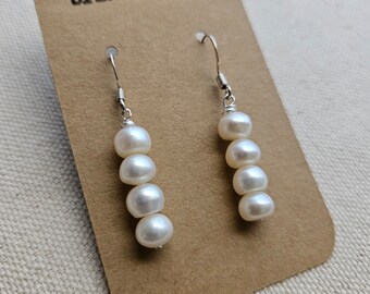 Pearl Trio Dangles, pearl earrings, freshwater pearl, white pearl earrings, white earrings, white jewelry, bridal earrings, pearl jewelry