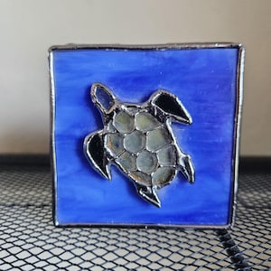Blue Stained Glass Turtle Jewelry Box: Artisan Sea Turtle Decor