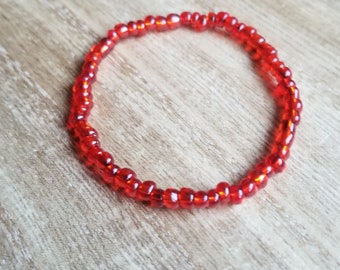 Ruby Red Seed Bead Bracelet, Stretchy Translucent Glass