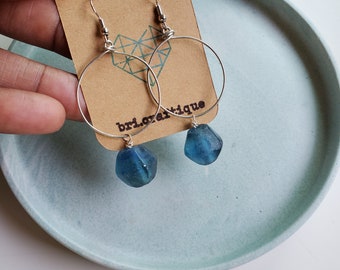 Blue Java Recycled Glass Hoop Earrings, recycled glass hoops, blue hoops, dangle hoops, blue glass hoops, glass hoops, recycled glass, blue