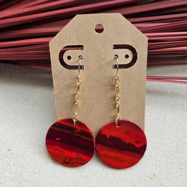 Inferno | Red Marbled Clay and Gold Chain Dangles, red earrings, red clay earrings, red jewelry, red dangles, scarlet red dangles, love