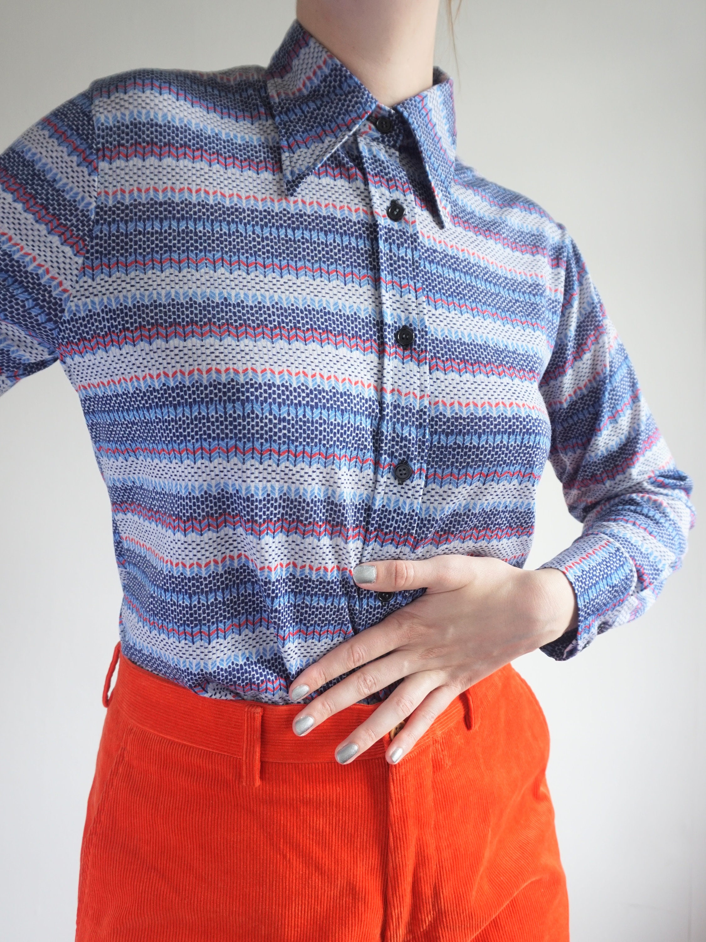 Vintage 1970s Striped Dagger Collar Shirt in Blue & Red Etsy