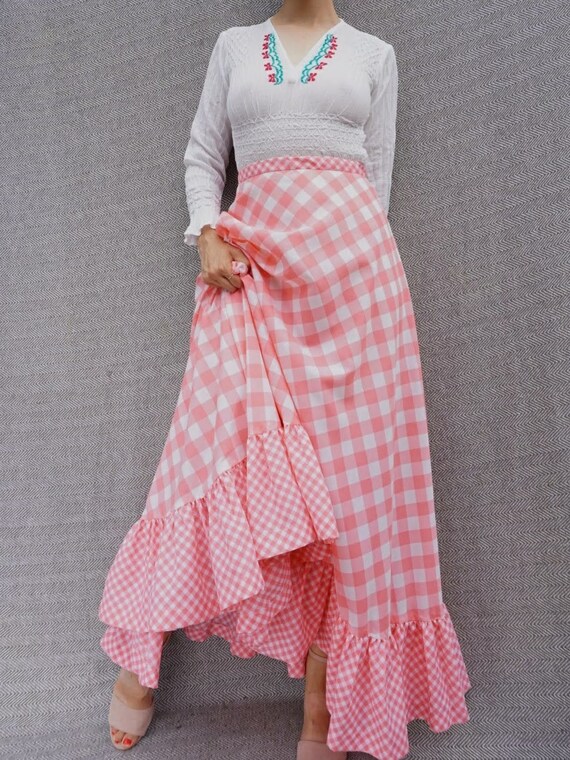 Vintage 1970s Cotton Maxi Skirt in Pink Gingham