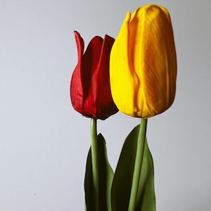 Fleurs de tulipe au look réel Printemps Fleurs artificielles au toucher réel Fleurs de jardin dans un vase 45 cm / 18 pouces de hauteur Tulipes jaunes fleur rouge pour vase