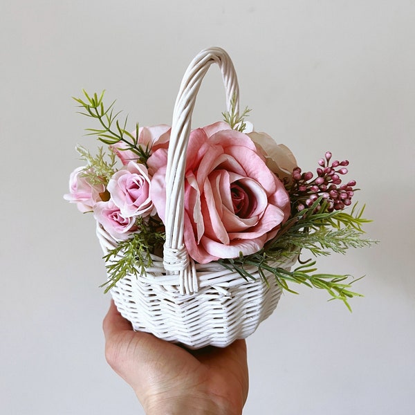 Willow basket, Natural basket, Round wedding flower girl basket with handle, Mini wicker basket, Kids Easter basket, White flower basket