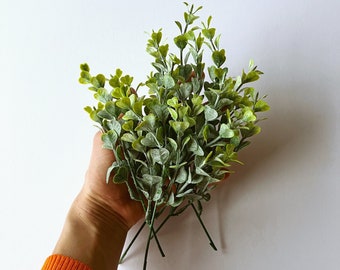 Artificial indoor and outdoor boxwood greenery leaf stems, 7 stems, Small filler, Bouquet filler, Faux flowers, Floral crown, Spring wreath