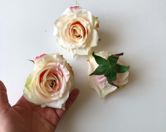 3 Pieces Creamy Peach Silk Rose Heads, Artificial Roses, Rose head set, 9 cm / 3.5 in diameter, Artificial flowers, Roses, Silk flowers