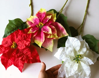 Poinsettia, Christmas flower, Holiday decor, flower head 25 cm/10 in diameter, Winter flowers, Artificial flowers, Christmas plant red