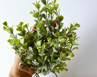 Artificial indoor and outdoor boxwood greenery leaf stems, 7 stems, Small filler, Bouquet filler, Faux flowers, Floral crown, Spring wreath