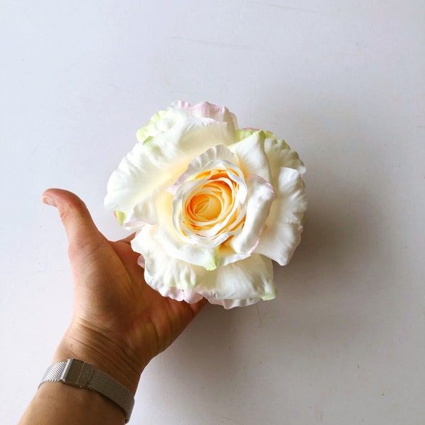 1 piece Huge Rose Head, Artificial Silk Roses, Rose head, Light yellow rose, Flower crown, Wedding bouquet, Millinery, 16 cm / 6'' diameter