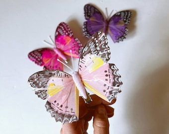 Pequeñas mariposas artificiales, mariposa de aspecto real, mariposa de plumas 3D, decoración de vivero, corona de flores, decoración de pasteles, topper de pastel, sombrerería