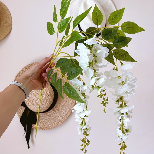 Branche d'arbre de glycine blanche artificielle, Verdure suspendue, 65 cm, Plantes suspendues, Fausses fleurs, Arrangement de pot suspendu, Décoration intérieure au plafond