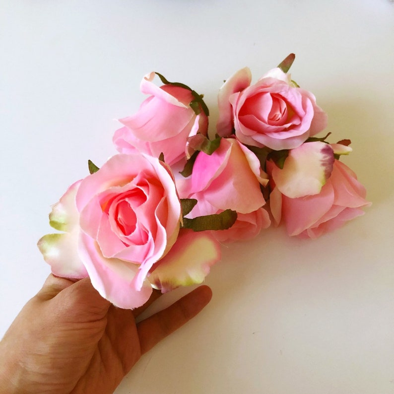 5 Pieces Bright Pink Rose Buds Heads Artificial Silk Roses Etsy
