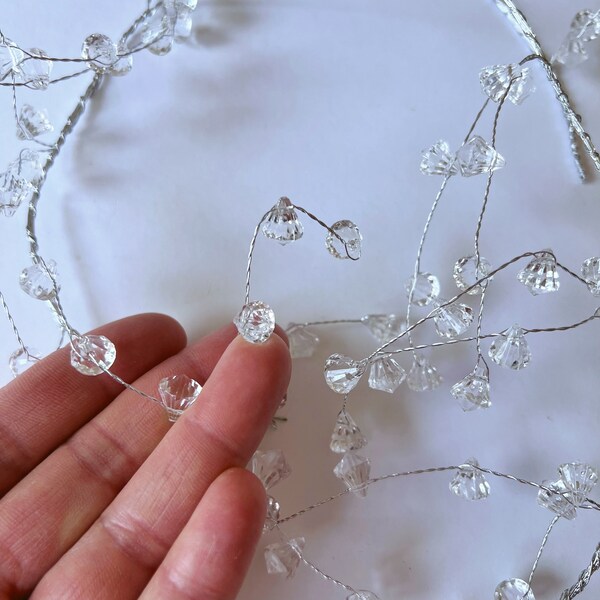 Crystal garland, 120 cm/47 in, Flower crown supply, Wedding decor, Clear Acrylic Crystals On Silver Wire Garland, Crystal Decor, Florist diy