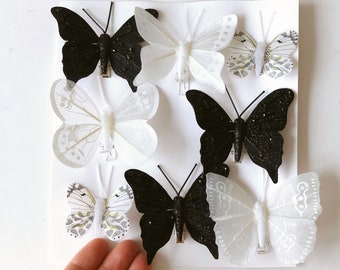 Papillons blancs artificiels avec épingles, vrai papillon, papillon plume 3D, décoration de baptême, fourniture de couronne de fleurs pour fleuriste