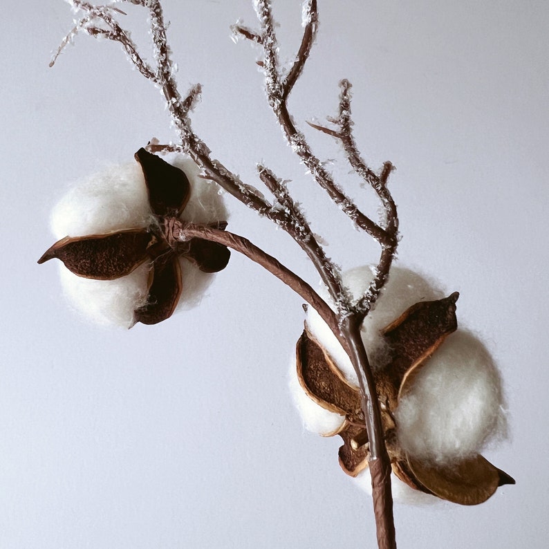 Boules de coton naturelles sur tige métallique, Fleurs de coton, Vraies boules de coton, Fleurs rustiques, 30 cm, Décoration de table, Décor festif image 4