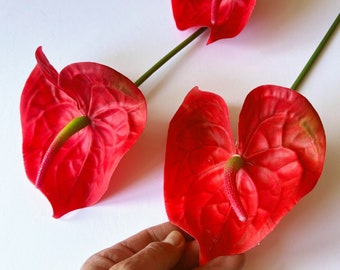 Fausses fleurs d'anthurium au toucher réaliste, fleur de lys flamant rose artificielle, décoration florale tropicale, charges de bouquet exotique, fête à la piscine, lys rouge