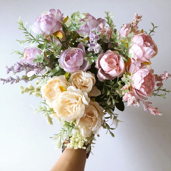 Bouquet de pivoines, bouquet de 5 fleurs en soie, 32 cm de hauteur, fleurs artificielles, fleurs artificielles, pivoines en pot Mason, vase bouquet d'été