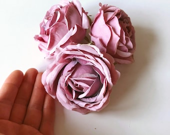 Ensemble de 3 têtes de roses, Roses artificielles, Têtes de roses, 9 cm, Fleurs artificielles, Roses, Fleurs en soie, violet délavé vintage, violet poussiéreux