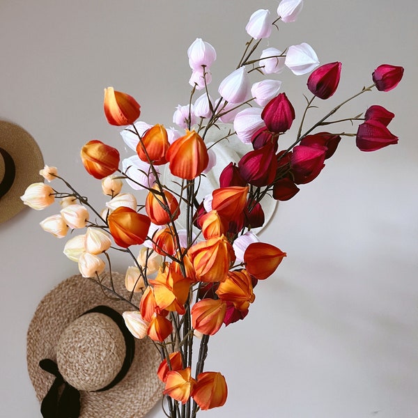Künstlicher Goldenberry-Zweig, Physalis, Laternenfruchtzweig, Kunstblumen, Kunstblumen, Herbstblumen, Herbststrauß, 98 cm
