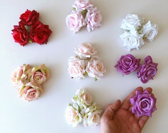 Juego de 3 rosas de flores, Rosas de seda artificiales, juego de cabezas de flores sintéticas, 5,5 cm de diámetro, flores diminutas, rosas pequeñas, rosa rosa bebé, rosas rojas