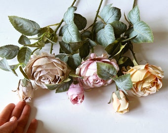 Vintage Style Silk Rose Stems Washed Pastel Faux Flower Branches (24 Inch)