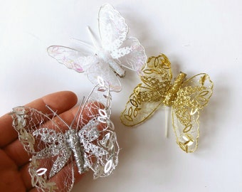 Papillons or artificiels avec épingles, papillon fantaisie, papillon plume 3D, accessoires couronne de fleurs, décoration de gâteau, papillon décoration de gâteau