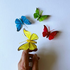 Op de afbeelding: Vier kleurrijke vlinderdecoraties, een gele, een blauwe, een groene en een rode, worden weergegeven op een witte achtergrond. De gele vlinder zit op een vinger.