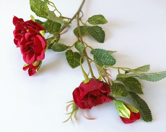 1 piece of Red Silk Rose stem, Artificial Roses, red rose head set, Artificial flowers, Roses, Silk flowers, 52 cm