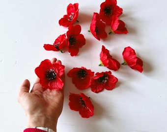 12 red poppies heads, Artificial flowers, wild flowers, country barn flowers, rustic wedding flowers, meadow flowers poppies, 8 cm/3in heads