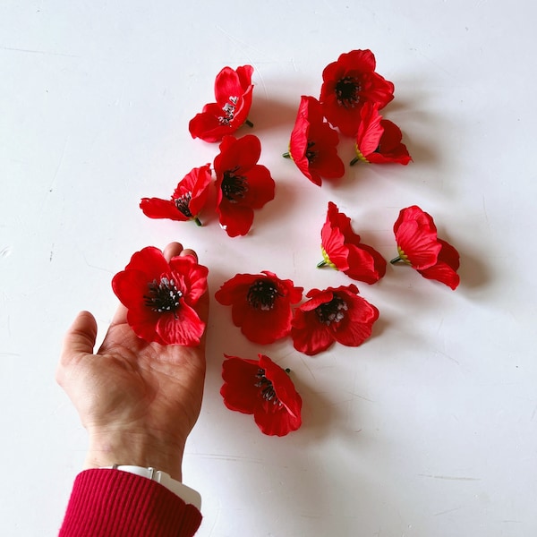 12 têtes de coquelicots rouges, fleurs artificielles, fleurs sauvages, fleurs de grange de campagne, fleurs de mariage rustiques, coquelicots fleurs des prés, têtes de 8 cm/3 po.