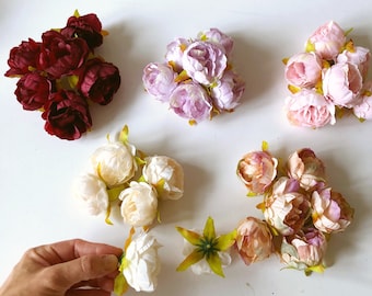 6 pièces de pivoines, pivoines en soie artificielle, teintes vintage, lavande, parure de fleurs ivoire, diamètre de la tête 5 cm, fleurs de chapellerie, minuscules