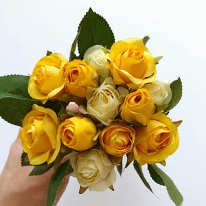 Könnte beinhalten: Ein Bouquet aus gelben und cremefarbenen Rosen mit grünen Blättern. Die Rosen sind eng beieinander, wodurch eine volle Anordnung entsteht. Die leuchtend gelben Blütenblätter kontrastieren mit den sanfteren cremefarbenen Blüten.