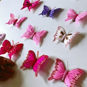 Peut inclure: Une collection de pinces à cheveux décoratives en forme de papillon dans diverses nuances de rose, violet et blanc. Chaque papillon présente des ailes délicates et translucides avec des motifs complexes, des paillettes et une pince métallique.