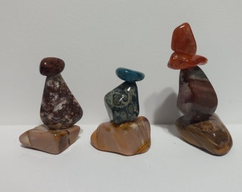 Mini Set of 3 Rock Cairn Sculpture Art, Balanced Chrystal Rock Stacked Stone Zen Meditation Stones, #C 15