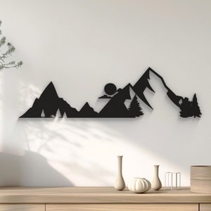 Arte murale di montagna e foresta, paesaggio naturale moderno, scena di montagna 3D, silhouette nera minimalista, decorazione da parete, disponibile in 3 misure